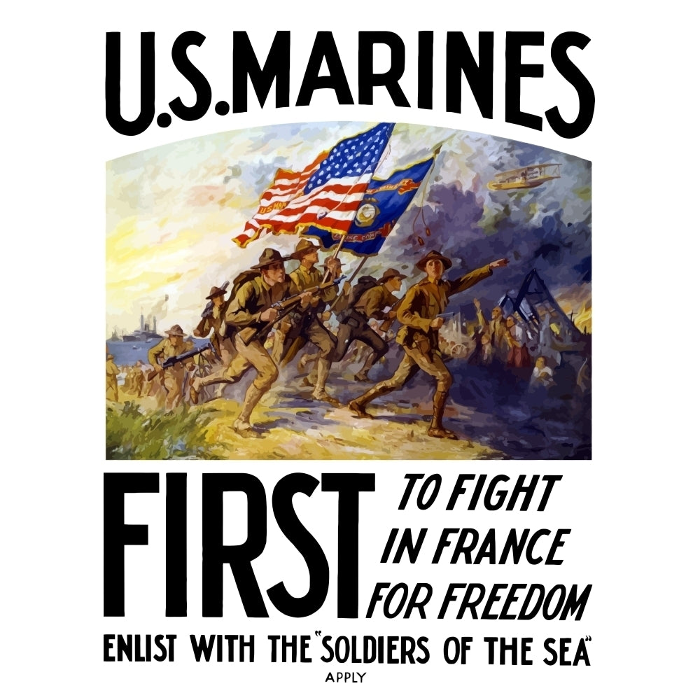 World War One poster of US Marines charging forward during a battle Poster Print Image 1