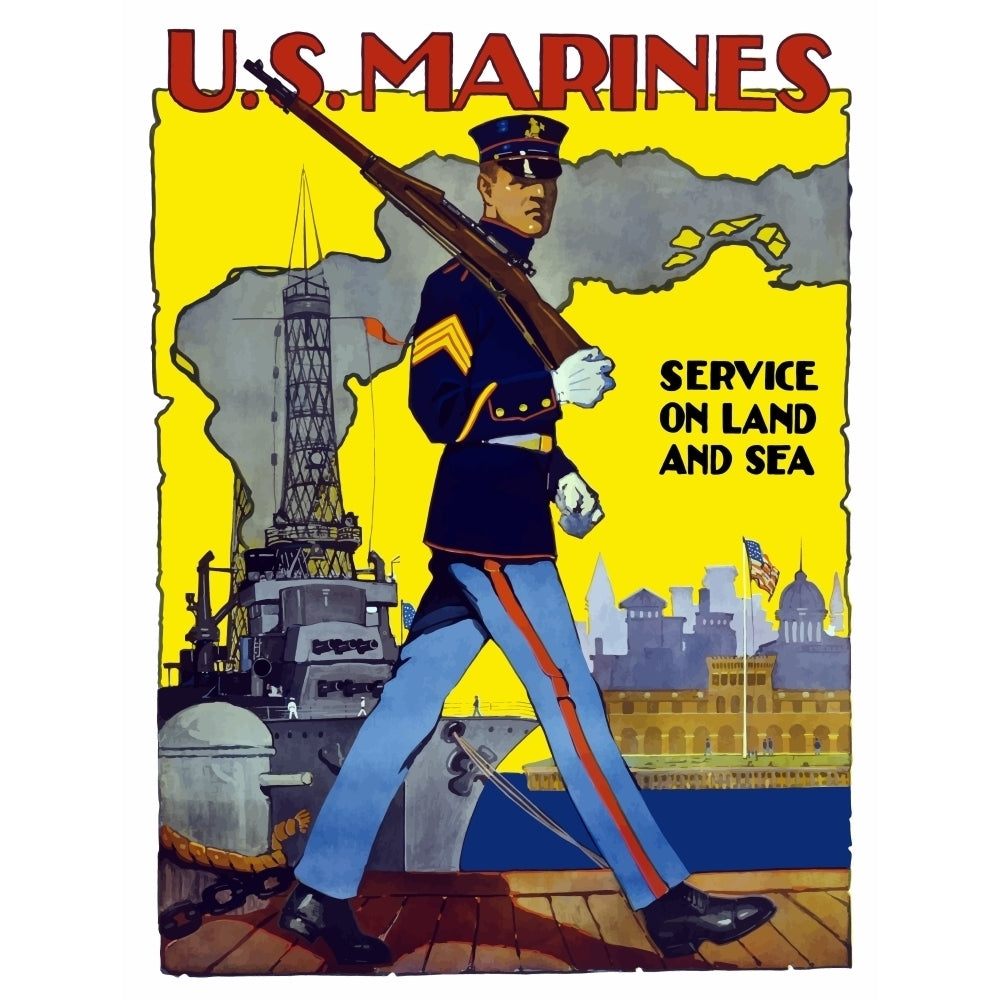 World War II poster of a U.S. Marine marching along a dock Poster Print Image 1