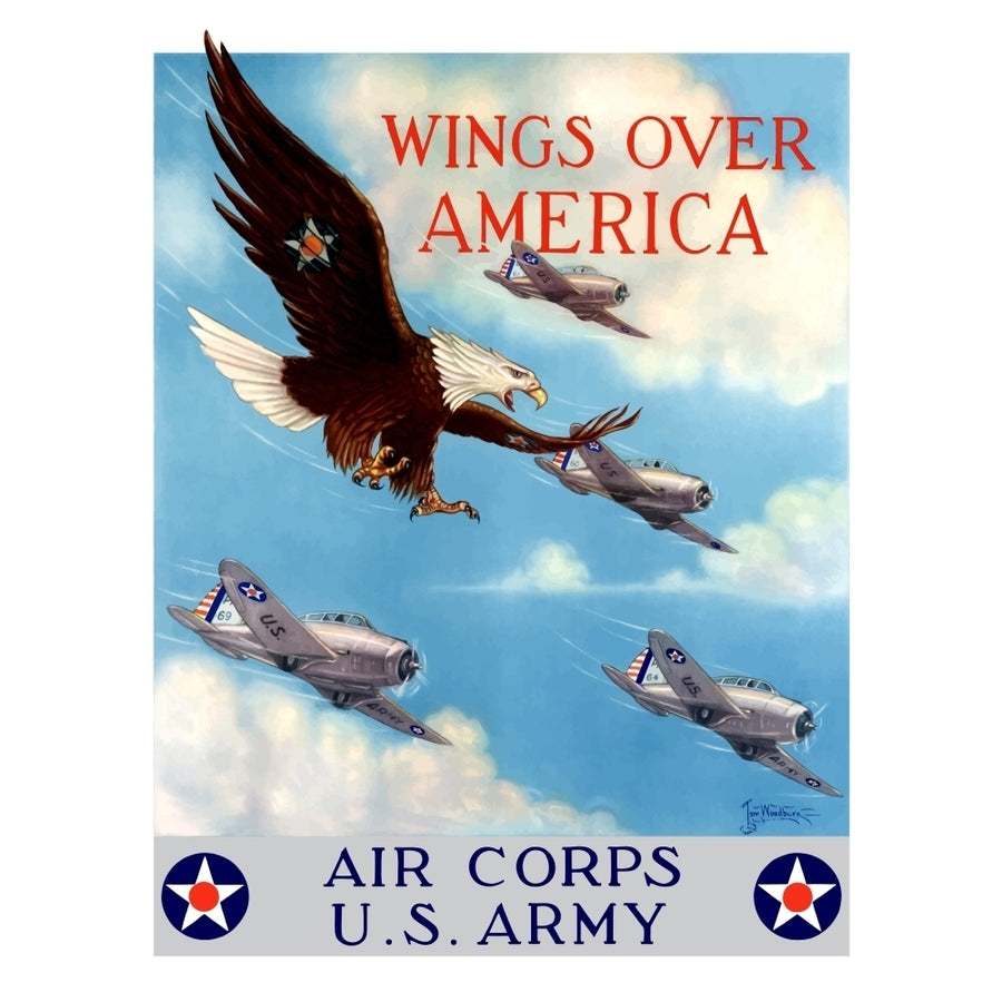 World War II poster of a bald eagle flying in the sky with fighter planes Poster Print Image 1