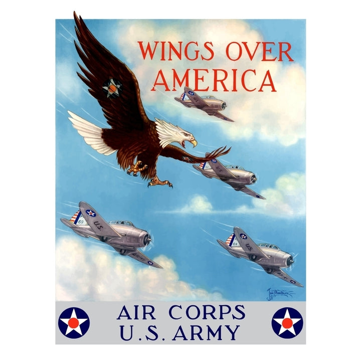 World War II poster of a bald eagle flying in the sky with fighter planes Poster Print Image 2