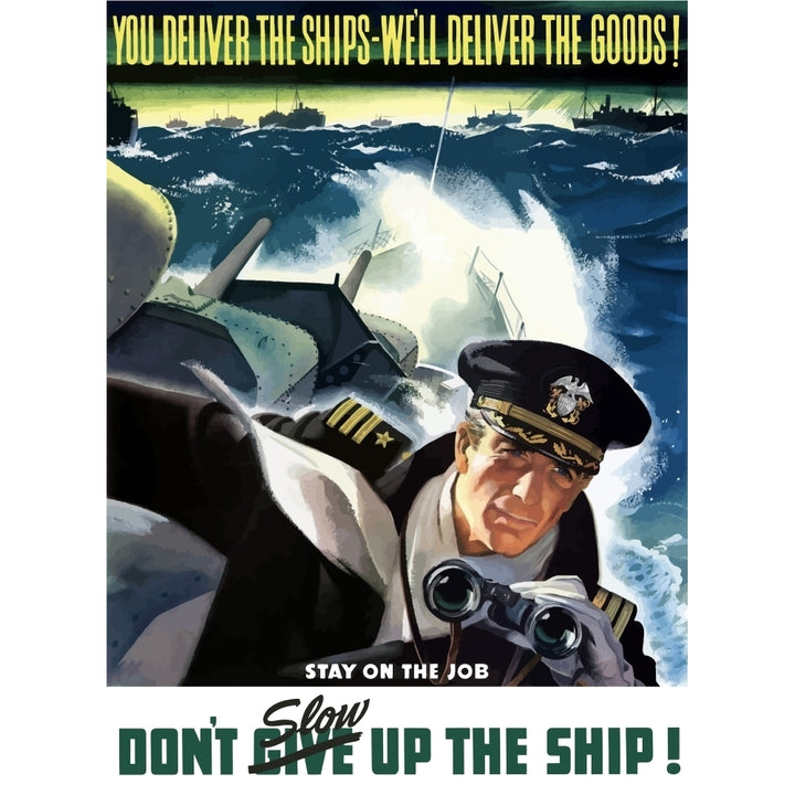 World War II poster of a Navy Commander with binoculars aboard a battleship Poster Print Image 1