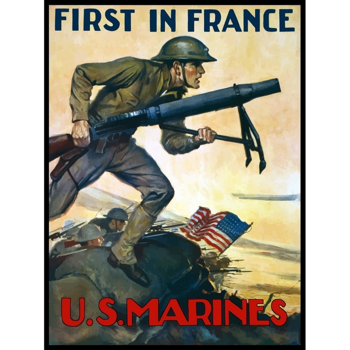 World War One poster of Marines charging into battle behind the American flag Poster Print Image 1