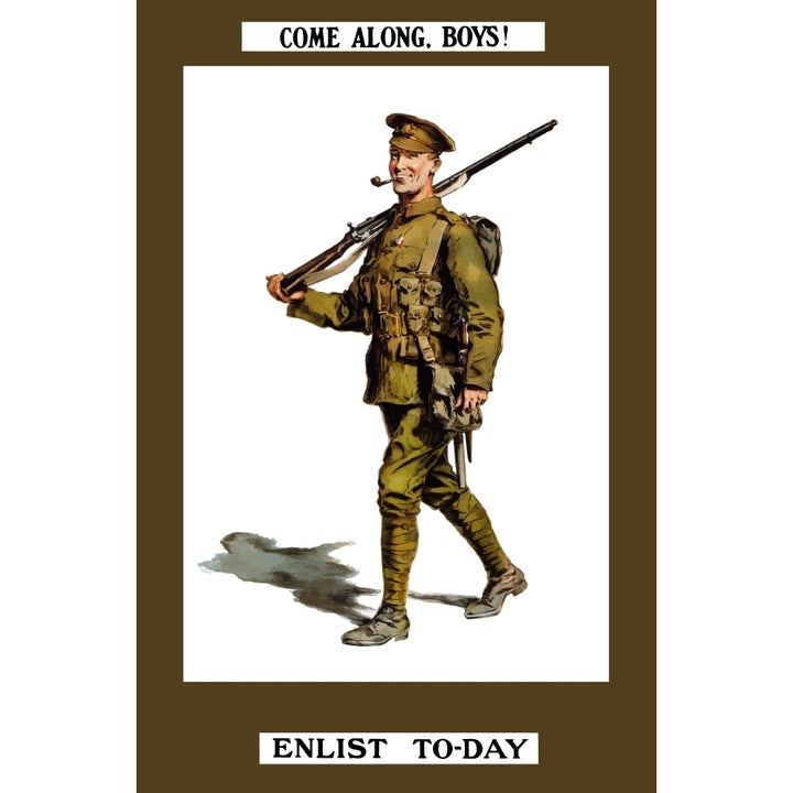 Vintage World War I poster of a smiling British soldier marching along with his rifle Poster Print Image 1