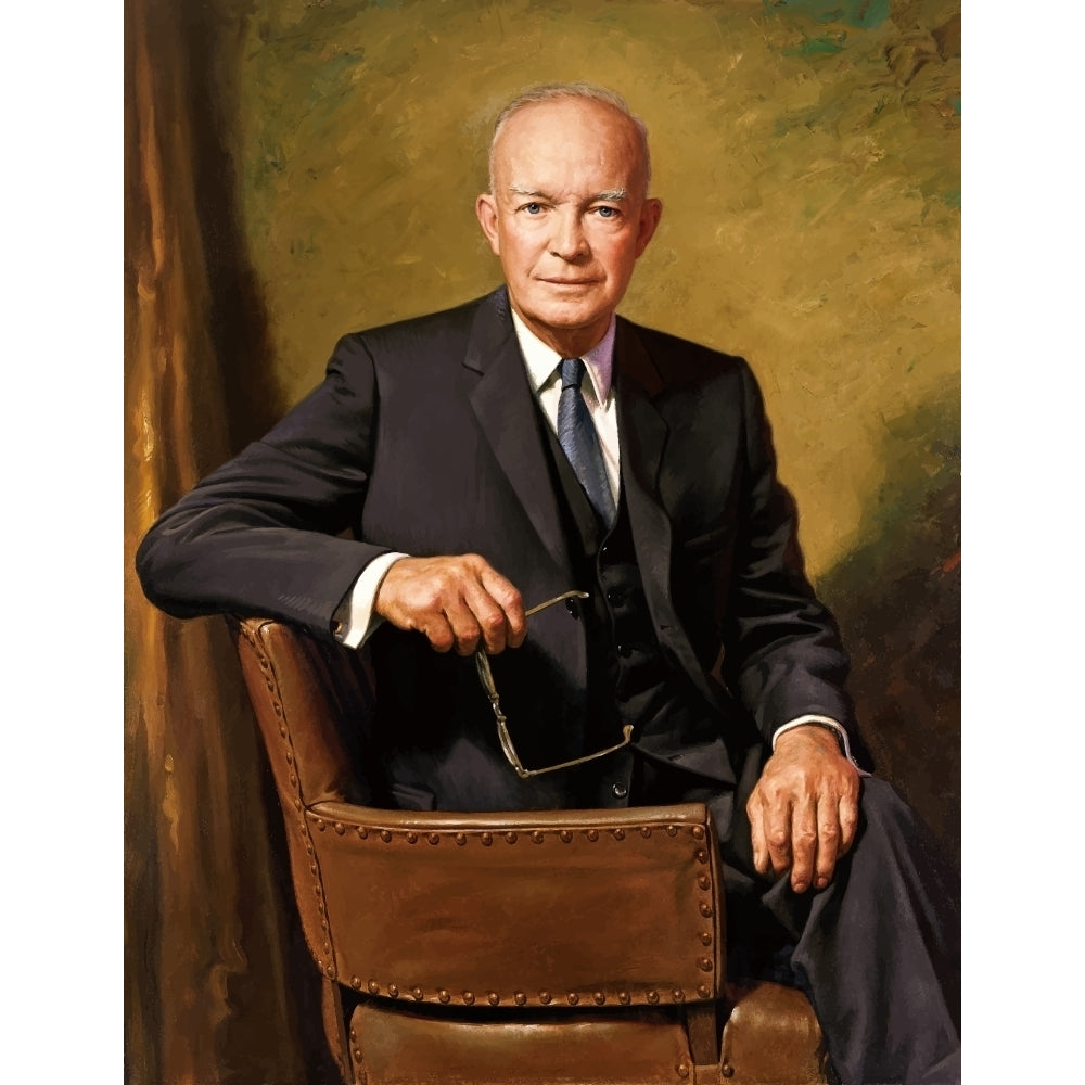 Vintage painting of President Dwight D. Eisenhower seated in a chair Poster Print Image 1