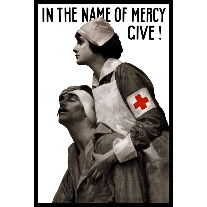 Vintage World War I poster of a Red Cross nurse holding a wounded man Poster Print Image 1