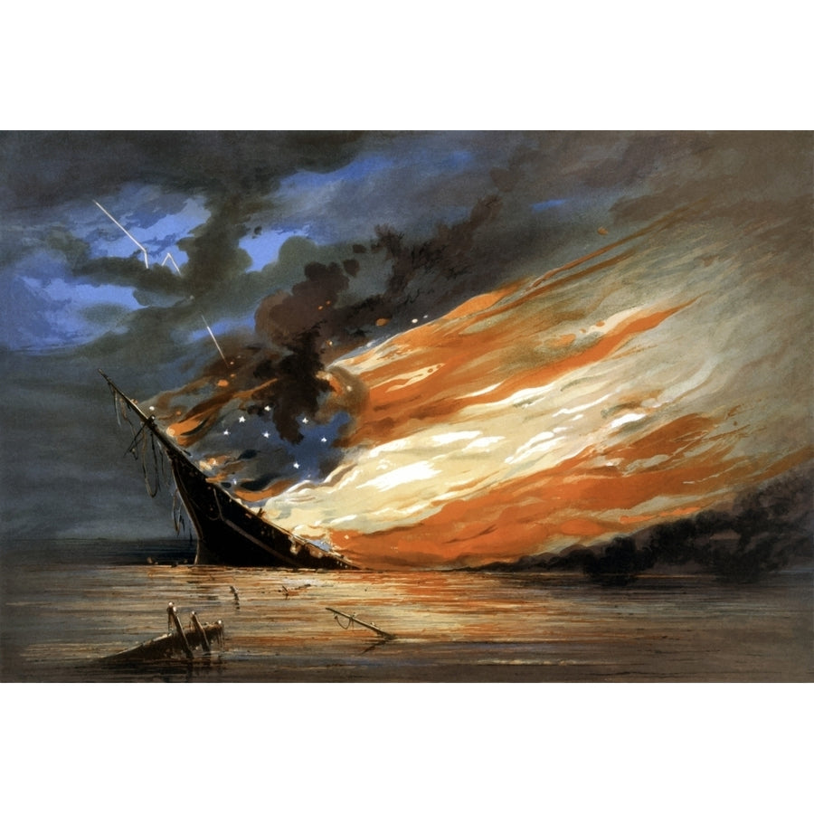 Vintage Civil War painting of a warship burning in a calm sea Poster Print Image 1