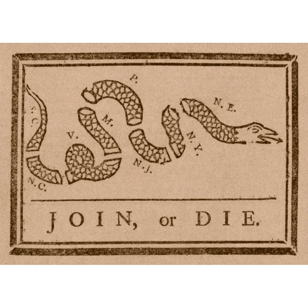 The Join or Die print was a political cartoon created by Benjamin Franklin Poster Print Image 2