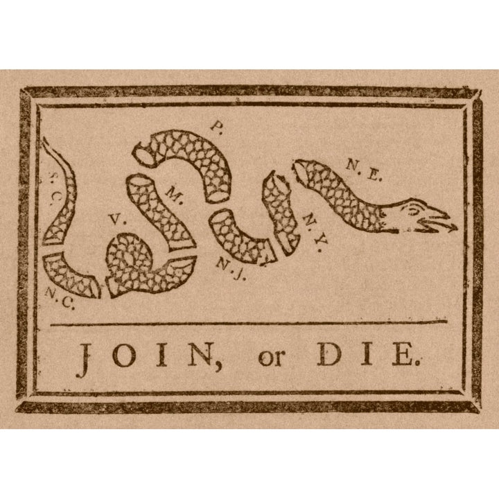 The Join or Die print was a political cartoon created by Benjamin Franklin Poster Print Image 1