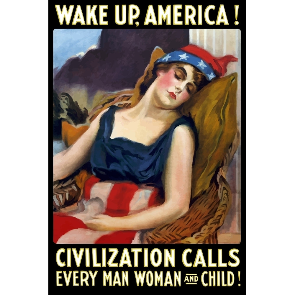 Vintage World War One poster of Lady Liberty sleeping in a chair Poster Print Image 1