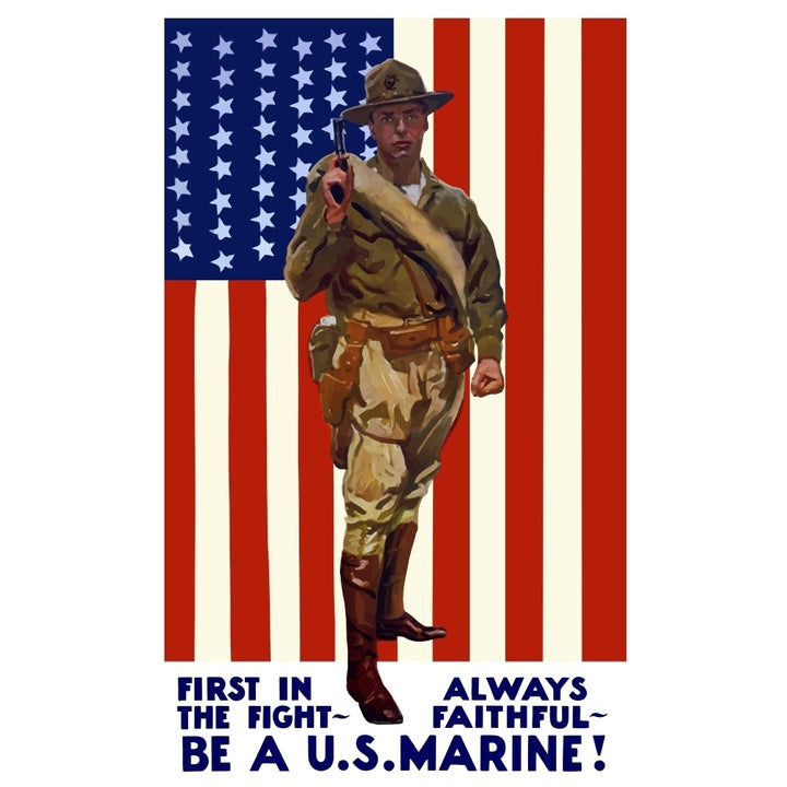 Vintage World War One poster of a US Marine holding his sidearm Poster Print Image 1