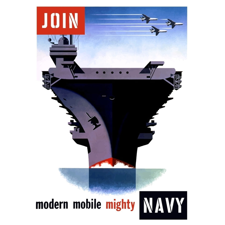 Vintage World War II poster of an aircraft carrier with three planes flying overhead Poster Print Image 1