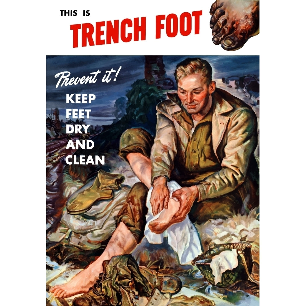 Vintage World War II poster of a soldier on the battlefield changing his socks Poster Print Image 2