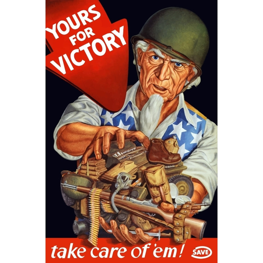 Vintage World War II poster of Uncle Sam wearing a helmet and holding supplies Poster Print Image 1