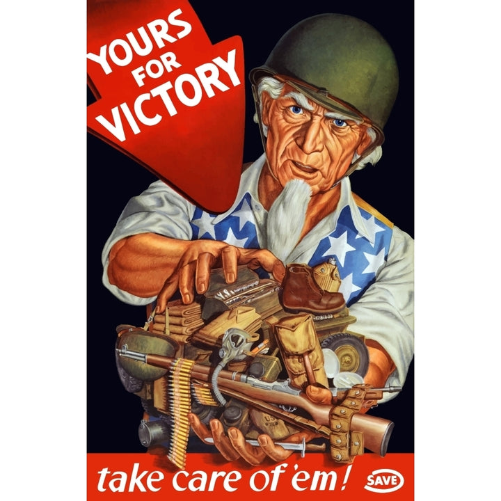 Vintage World War II poster of Uncle Sam wearing a helmet and holding supplies Poster Print Image 2