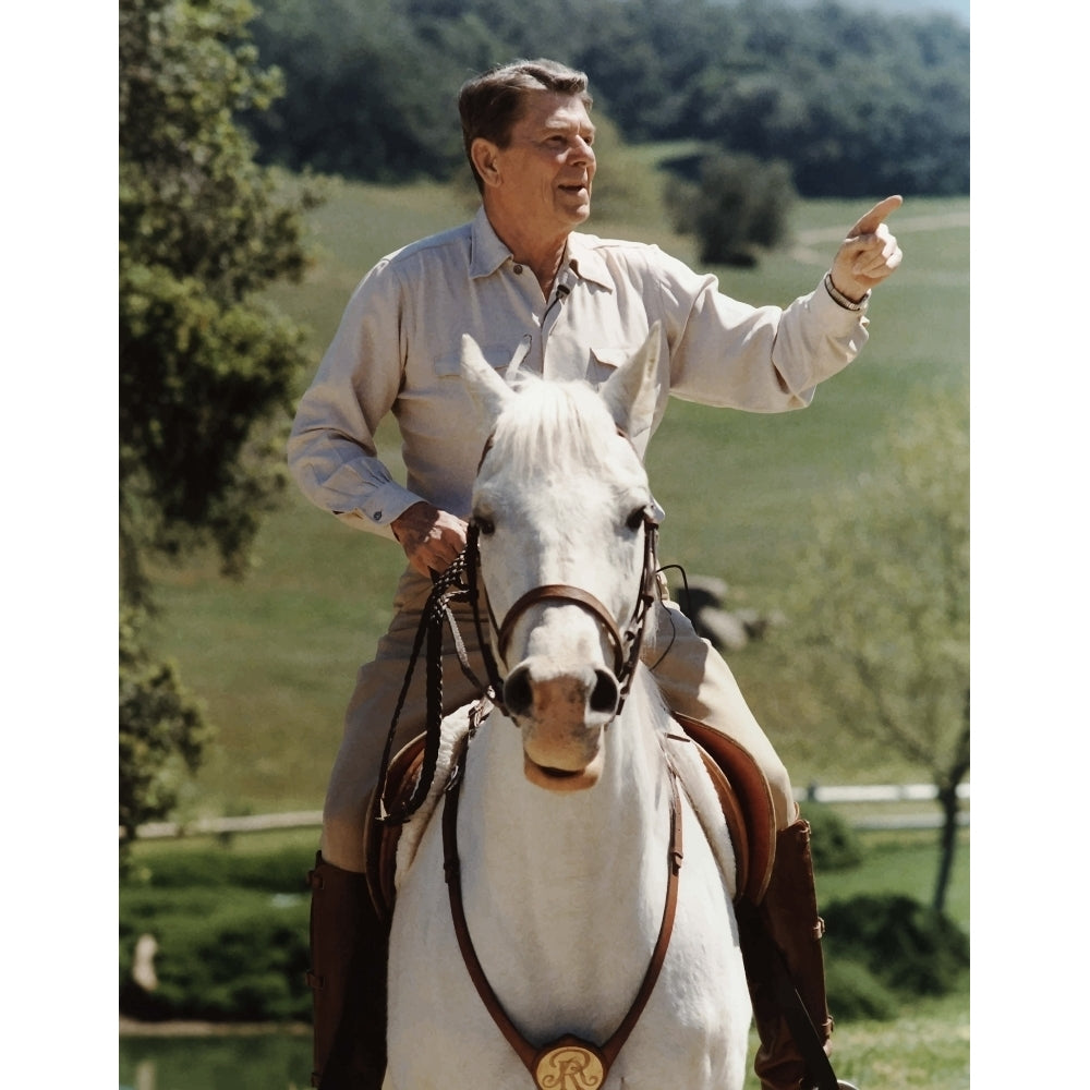 Digitally restored vector photo of President Ronald Reagan on horseback Poster Print Image 2