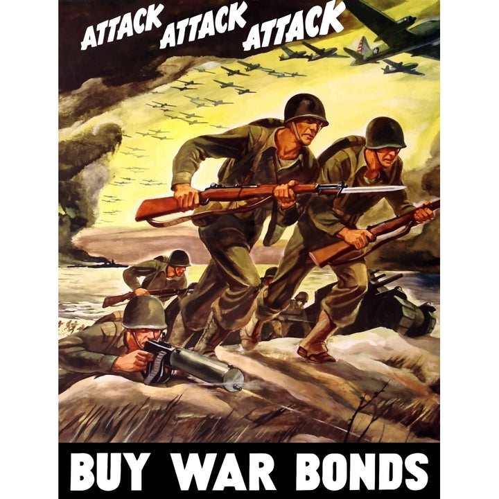 World War II propaganda poster of soldiers assaulting a beach with rifles Poster Print Image 1