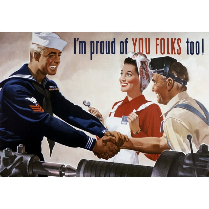 World War II poster of a sailor shaking hands with factory workers Poster Print Image 2