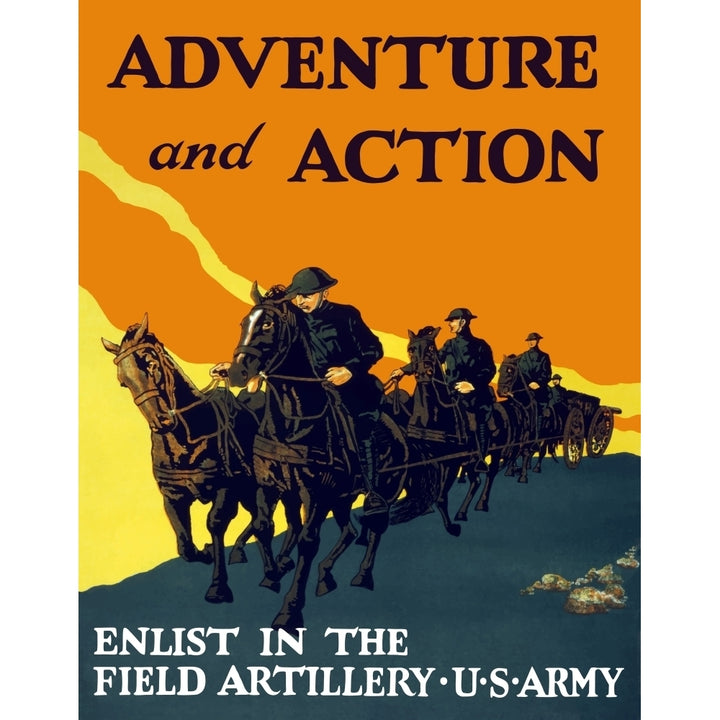 World War One propaganda poster of soldiers pulling artillery with horses Poster Print Image 2