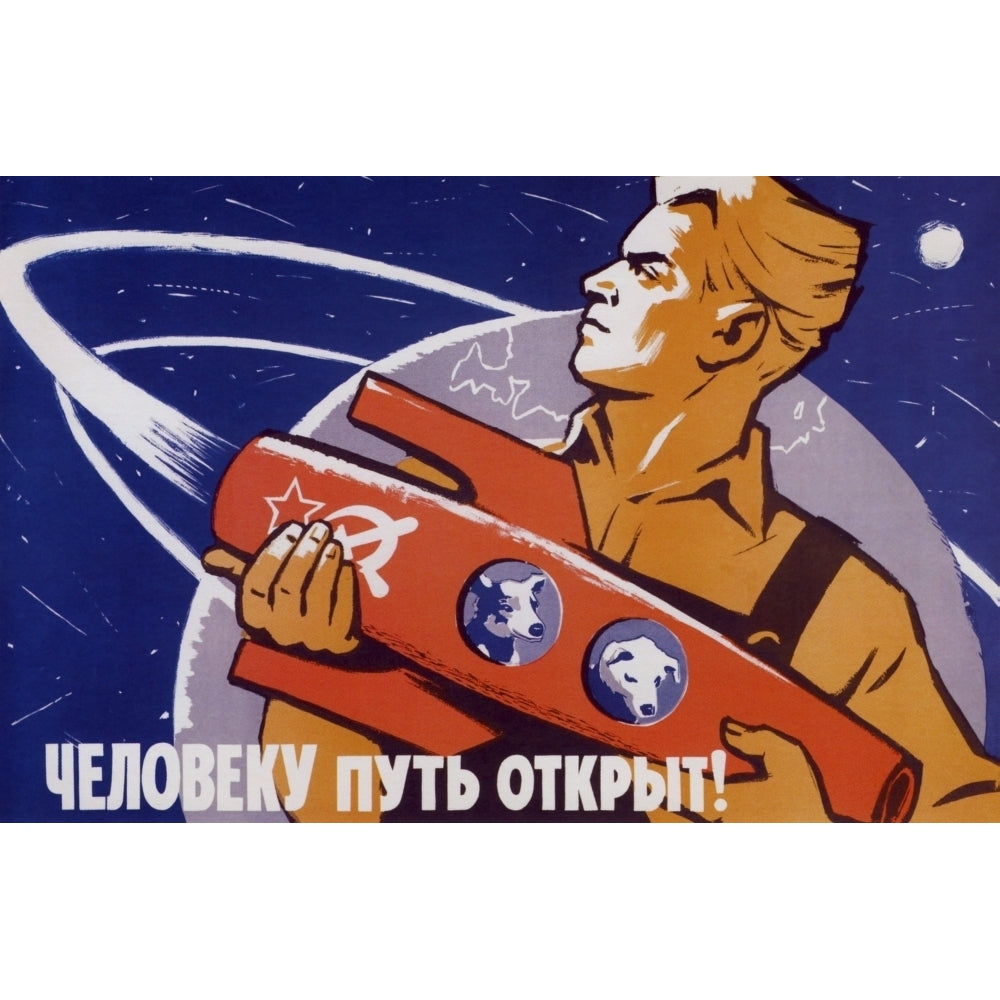 Soviet space poster featuring space dogs Belka and Strelka in a rocket being held by a man Poster Print by John Parrot Image 2