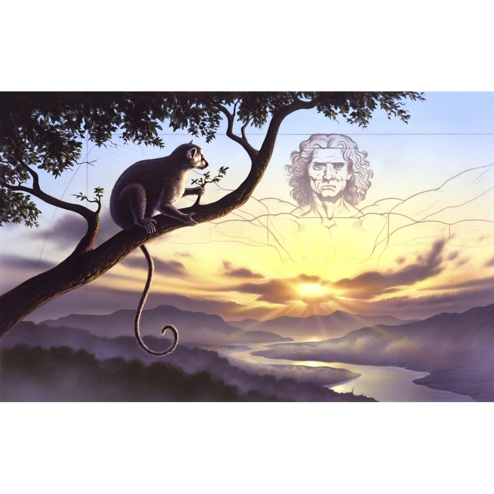 Notharctus sits on a tree branch with Vitruvian man as a backdrop in the sky Poster Print Image 1