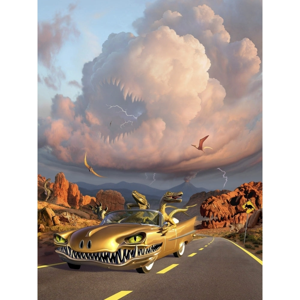 Two Velociraptors in their scary car cruise a prehistoric landscape Poster Print Image 2