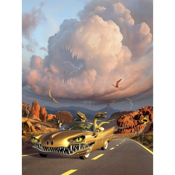 Two Velociraptors in their scary car cruise a prehistoric landscape Poster Print Image 1