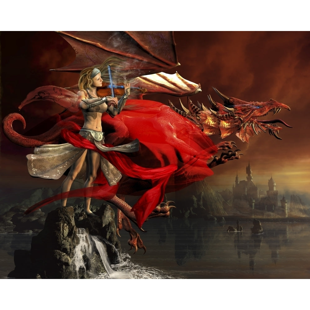 Woman playing a magical violin to call out a red dragon Poster Print Image 1