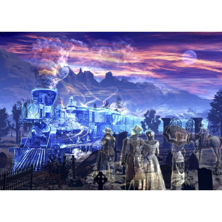 Ghost train picking up some ghosts at a graveyard Poster Print Image 1