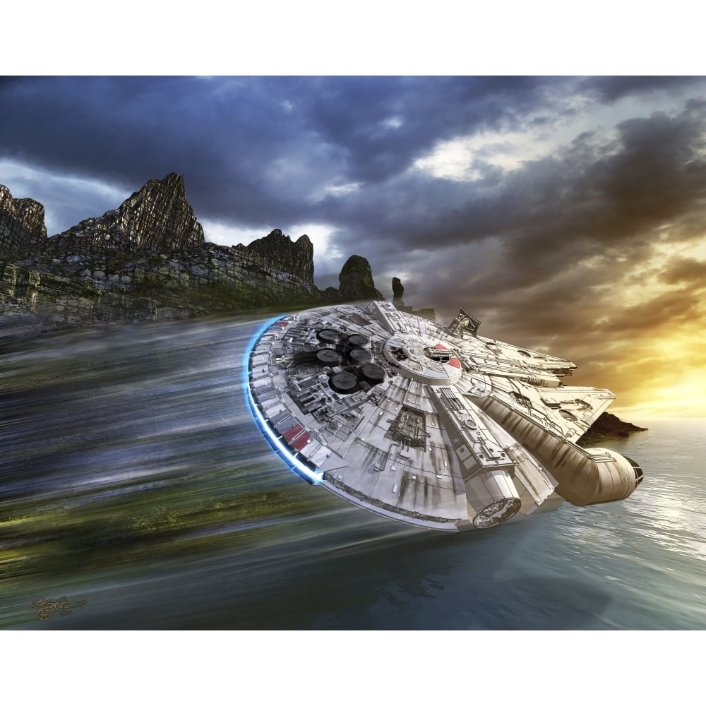 Star Wars Millenium Falcon in search of Luke Skywalker near a remote island Poster Print Image 2