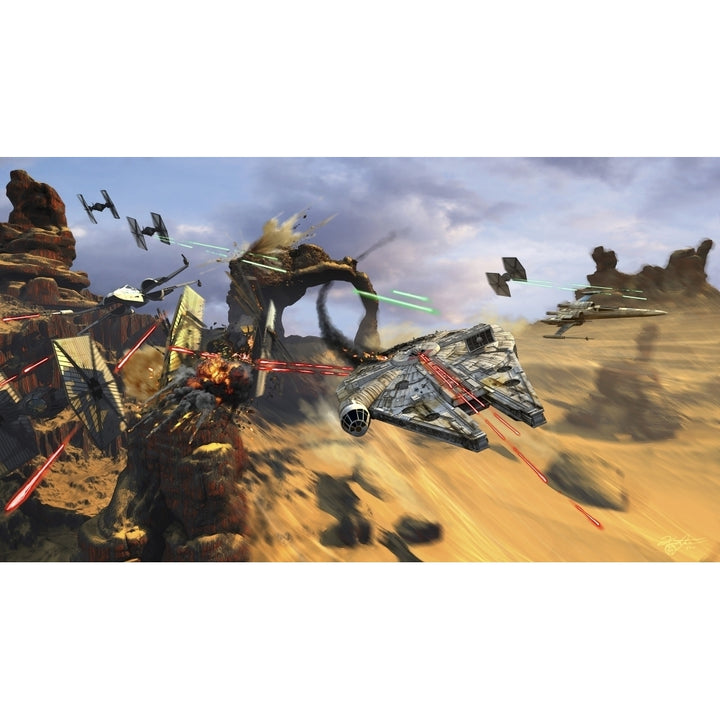 Star Wars Millenium Falcon flying low in the desert fighting off TIE fighters Poster Print Image 1