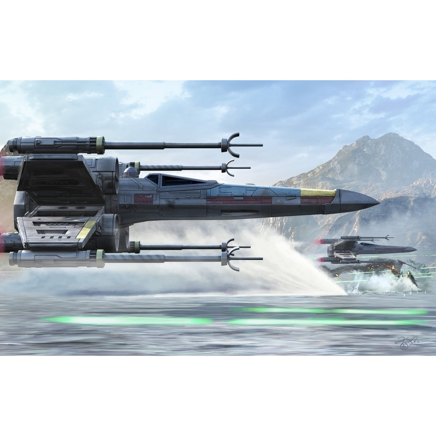 Star Wars Early X-Wing model cruising over a lake to attack the Empire Poster Print Image 1