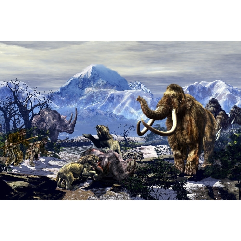 Neanderthals approach a group of Machairodontinae feeding with a herd of Woolly Mammoths Poster Print Image 2