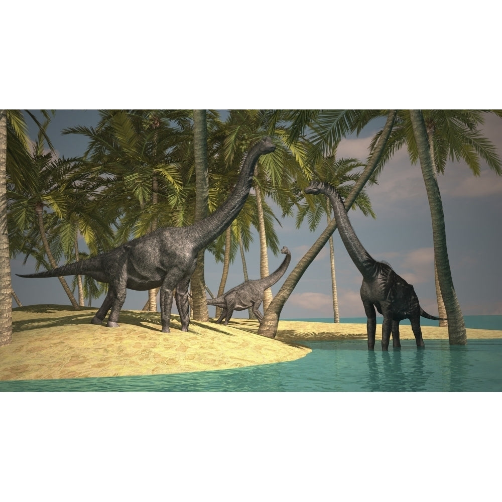 Brachiosaurus dinosaurs grazing at the waters edge Poster Print Image 1