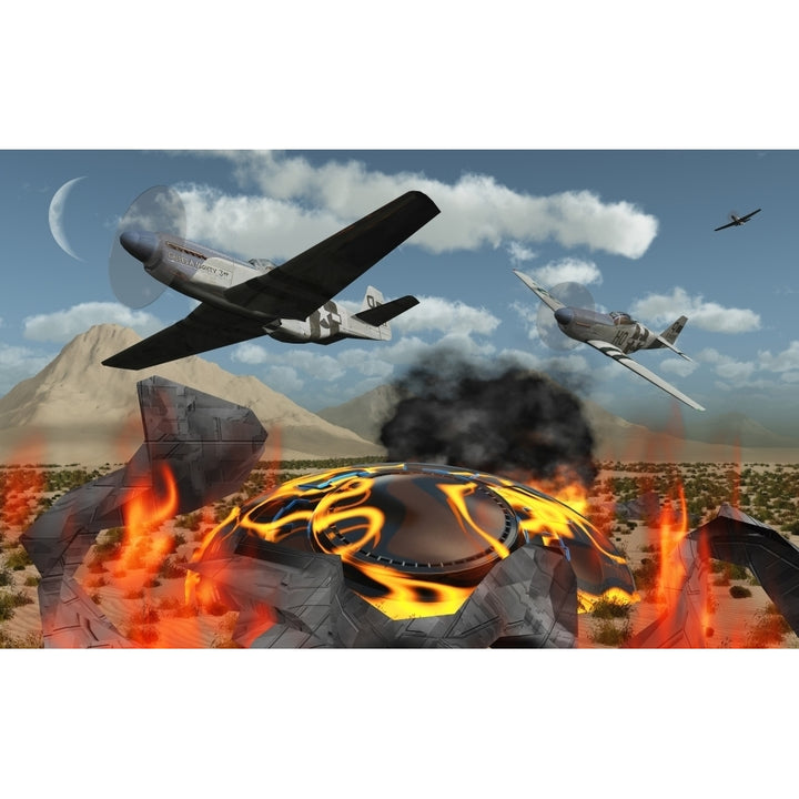 American P-51 Mustang fighter planes destroy a UFO Poster Print Image 1