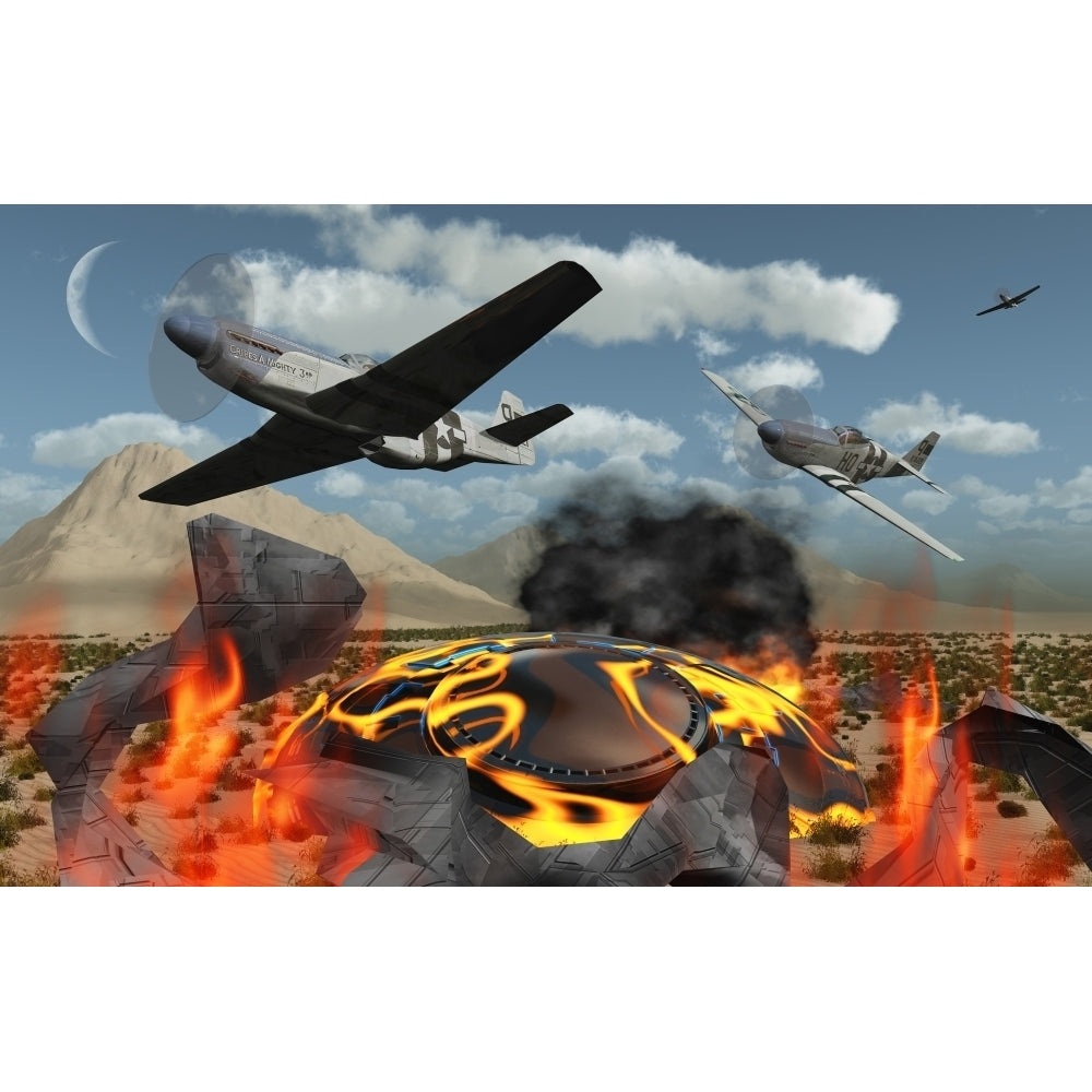 American P-51 Mustang fighter planes destroy a UFO Poster Print Image 2