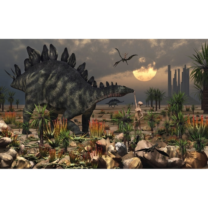 A reptoid being and a Stegosaurus communicate using telepathy Poster Print Image 1