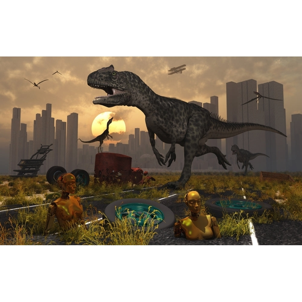 Dinosaurs run wild and robotic androids melt into the highway Poster Print Image 1