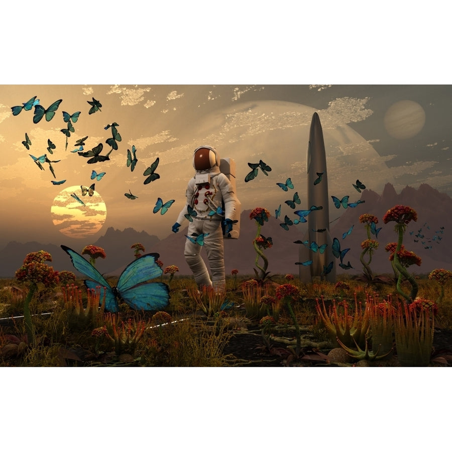 An astronaut is greeted by a swarm of butterflies on an alien world Poster Print Image 1