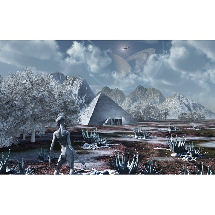 An extraterrestrial surveys an ancient structure on a distant alien world Poster Print Image 1