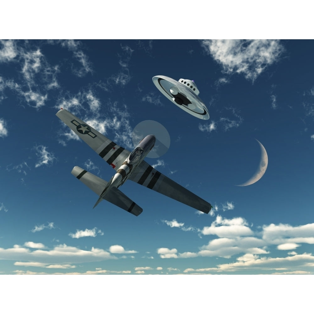 An American P-51 Mustang gives chase to a UFO Poster Print Image 1