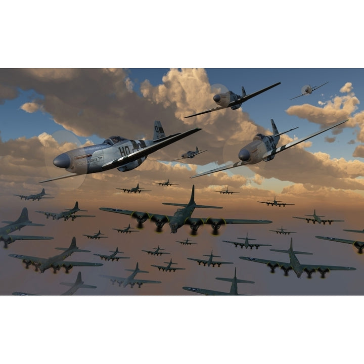 B-17 Flying Fortress bombers and P-51 Mustangs in flight Poster Print Image 2