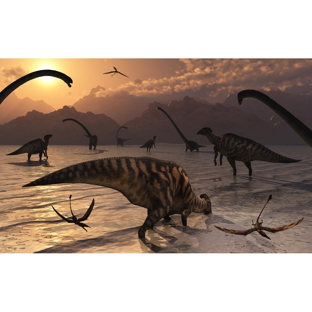 Omeisaurus and Parasaurolphus dinosaurs gather together Poster Print Image 1