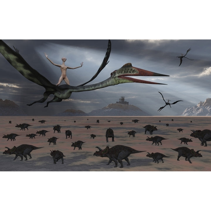 Reptoids ride on the backs of Quetzalcoatlus using telepathy Poster Print Image 1