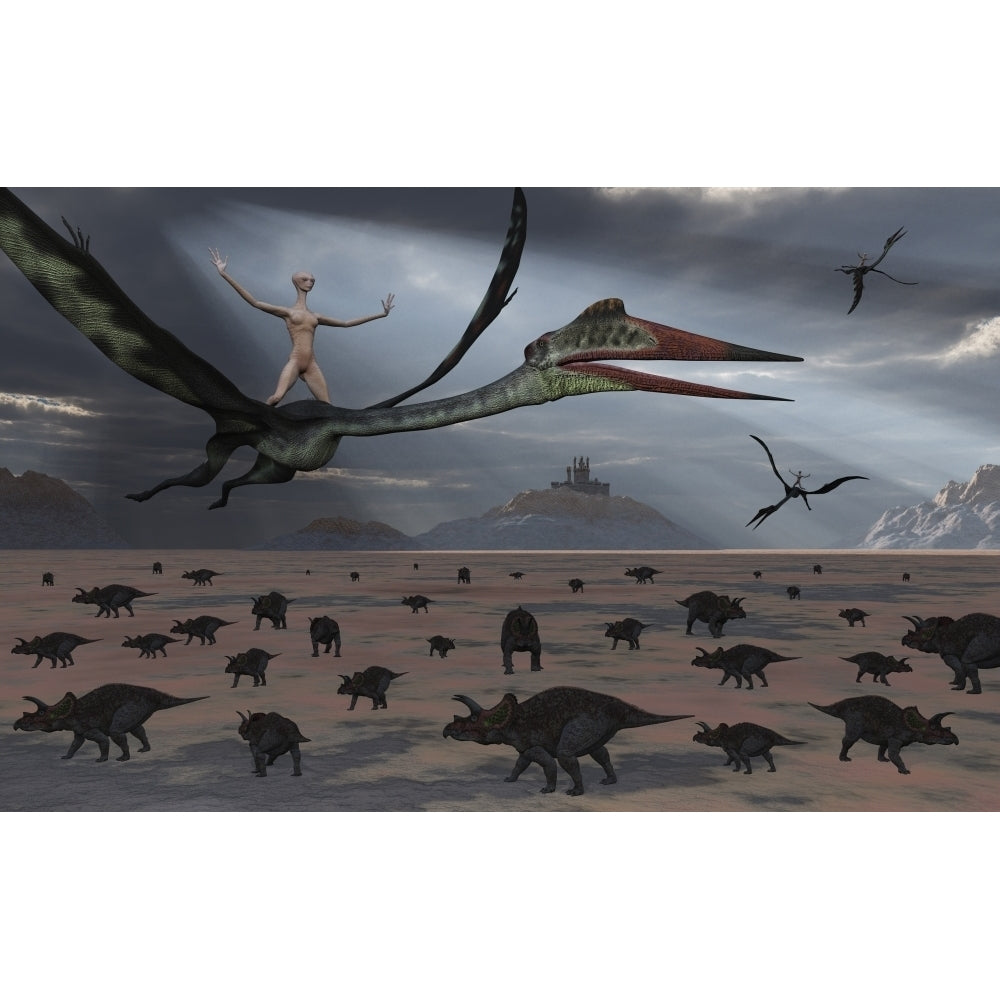 Reptoids ride on the backs of Quetzalcoatlus using telepathy Poster Print Image 2