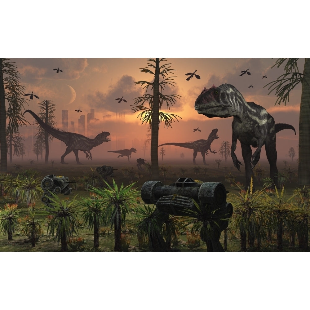 A herd of Allosaurus dinosaur cause chaos Poster Print Image 2