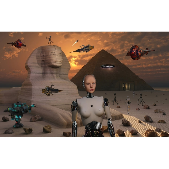 Artists concept of the pyramids and sphinx being built by an advanced alien race Poster Print Image 1