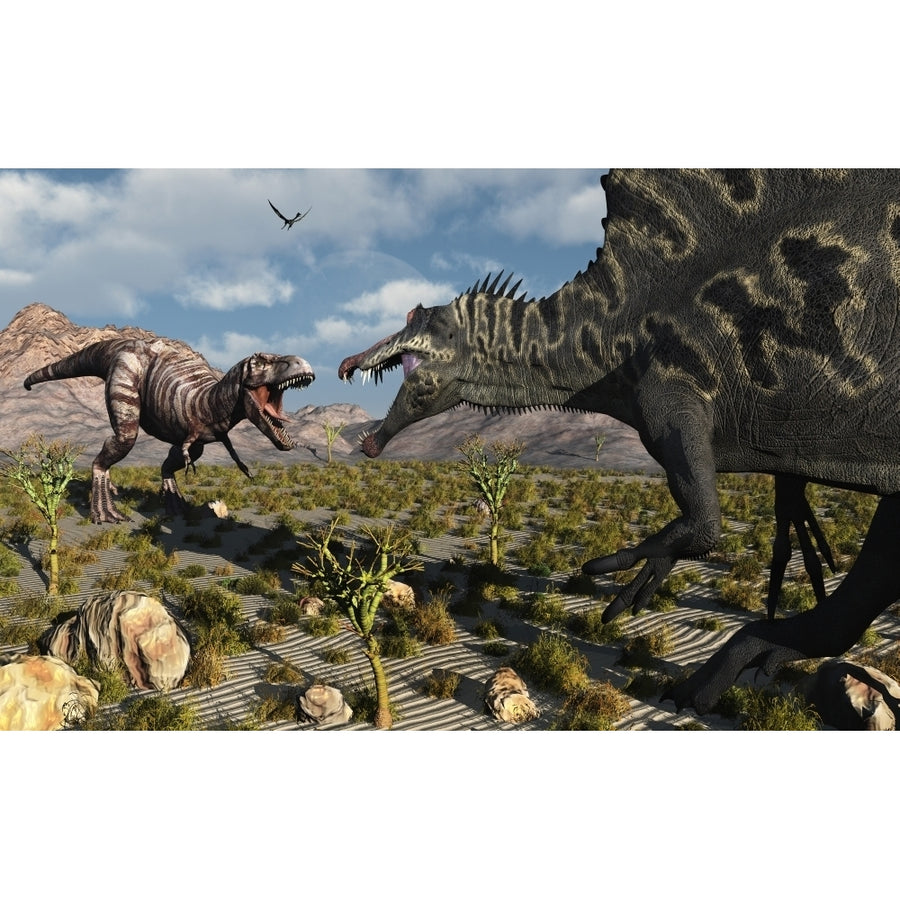 A confrontation between a T. Rex and a Spinosaurus dinosaur Poster Print Image 1