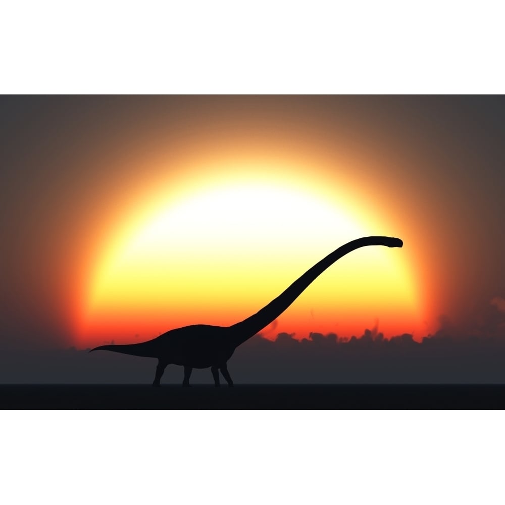 A silhouetted Omeisaurus walks pass the rising Sun at the start of a day Poster Print Image 2