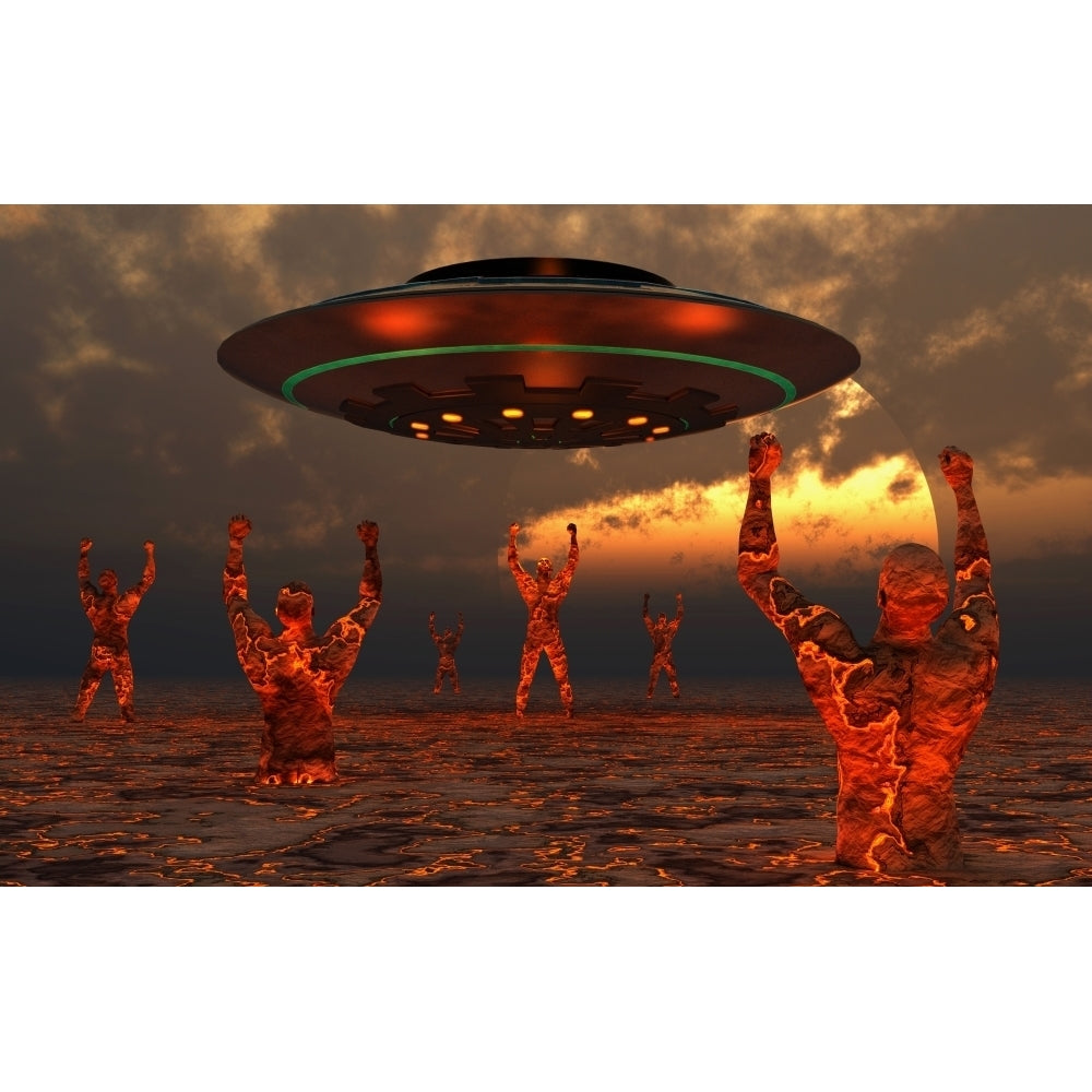 Men born of molton lava from the core of the Earth hail an arriving UFO Poster Print Image 2