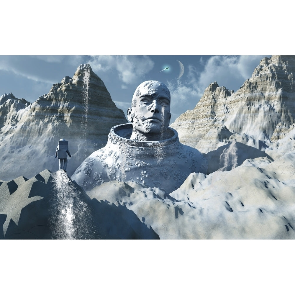 A lone astronaut stares at a statue of a mysterious humanoid being Poster Print Image 2